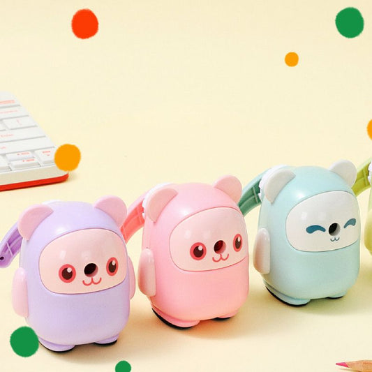 Hand-cranked automatic pencil sharpener with cartoon design