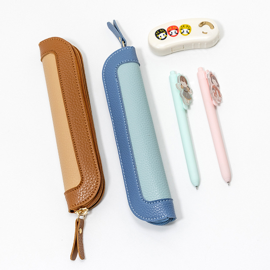 Color-blocked fresh and cute leather pencil case, student PU stationery bag, tote leather pencil case, pen storage box