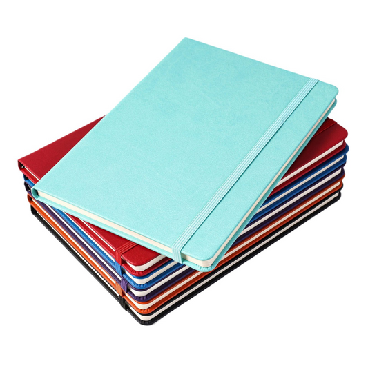 Leather-like straps and elastic bands give this PU-coated notebook a simple yet stylish appearance.