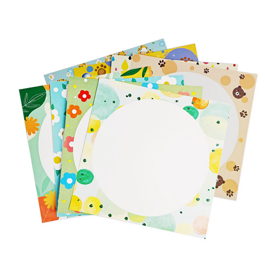 Circular and square lenses, mirrored lace cardstock, colored decorative mounting cardstock, heavy-colored stick paper