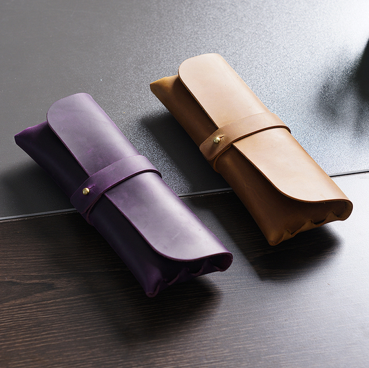 Retro-style top-grain cowhide Korean-style pencil case, simple and trendy, large capacity, glasses stationery box, pencil case, in stock.