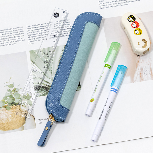 Color-blocked fresh and cute leather pencil case, student PU stationery bag, tote leather pencil case, pen storage box
