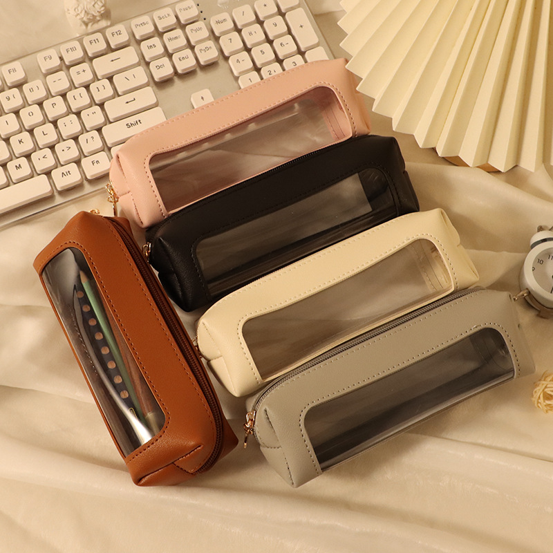 Creative transparent pencil case with window, new style, simple and fresh, solid color, large capacity, suitable for students.