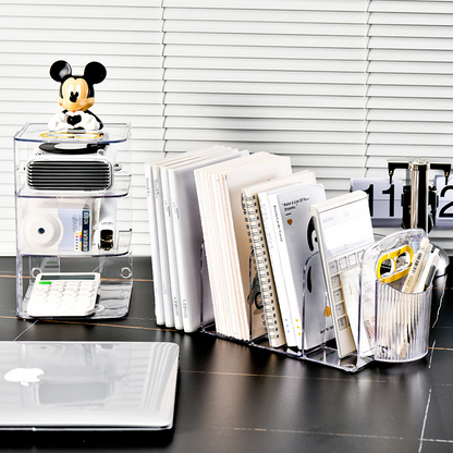 Transparent bookend, desktop book storage, bookshelf, student office stationery pen holder, desk storage box, shelf