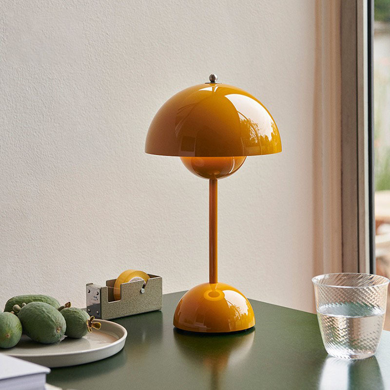 Flower bud table lamp, rechargeable, wireless, portable, minimalist design, touch-dimmable for living and dining rooms.