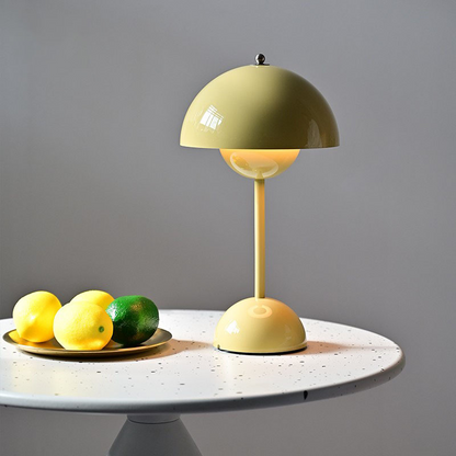 Flower bud table lamp, rechargeable, wireless, portable, minimalist design, touch-dimmable for living and dining rooms.