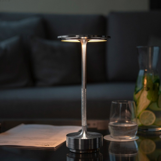 High-end rechargeable table lamp with a sophisticated bar ambiance, suitable for outdoor camping and bar use, made of metal and touch-sensitive material.