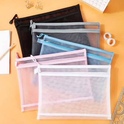 Transparent A4 mesh zippered document bag for storing student exam papers, pencil cases, and office A5 document/file folders.