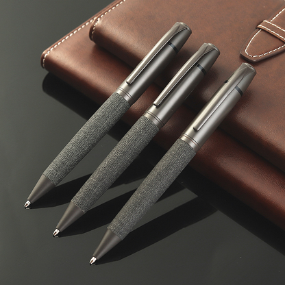 Metal, oil-based ballpoint pen with a rotary bullet tip for office use