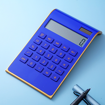 Ultra-thin gold-framed solar-powered dual-power desktop calculator