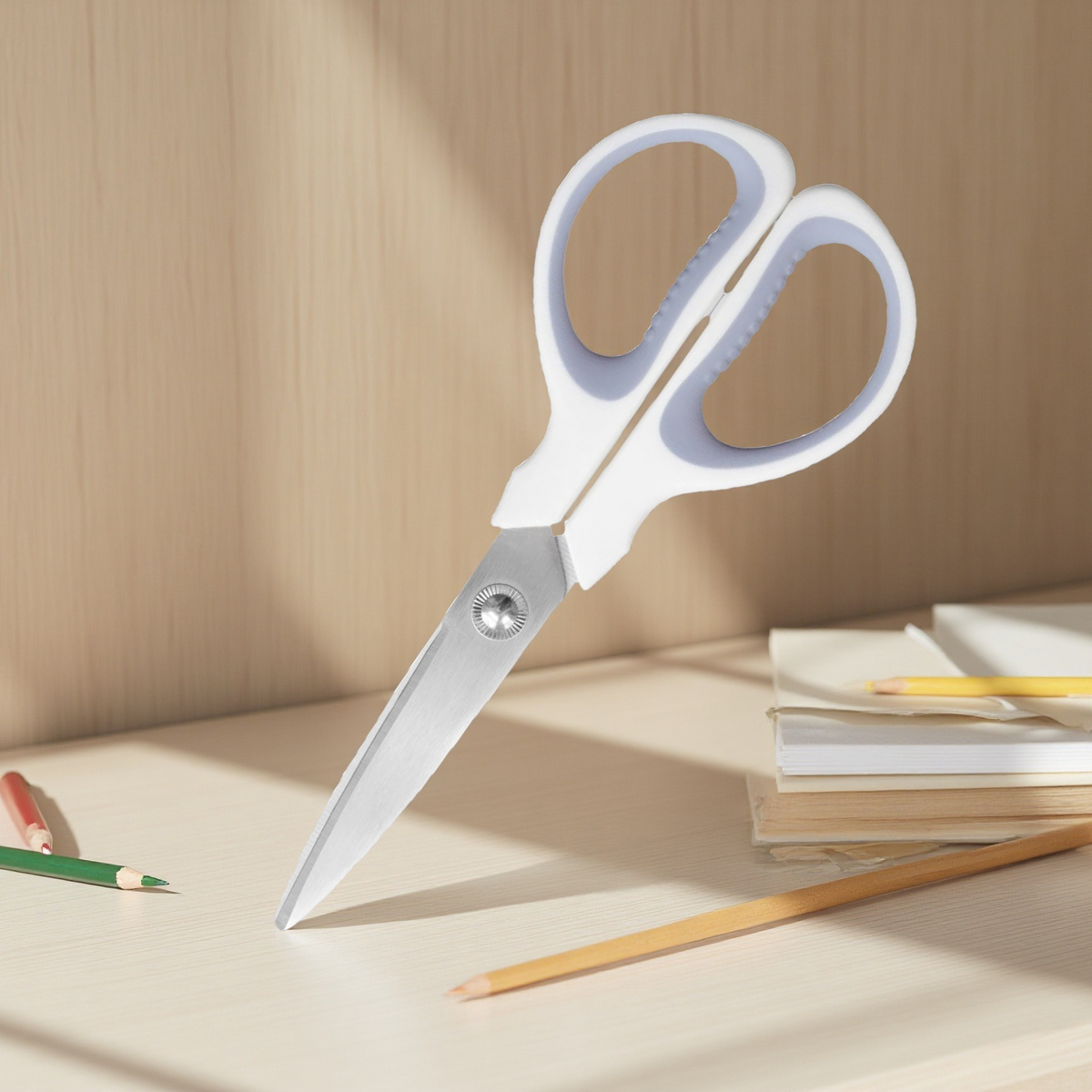 Stainless steel stationery scissors with double-injection molded handles, small household scissors