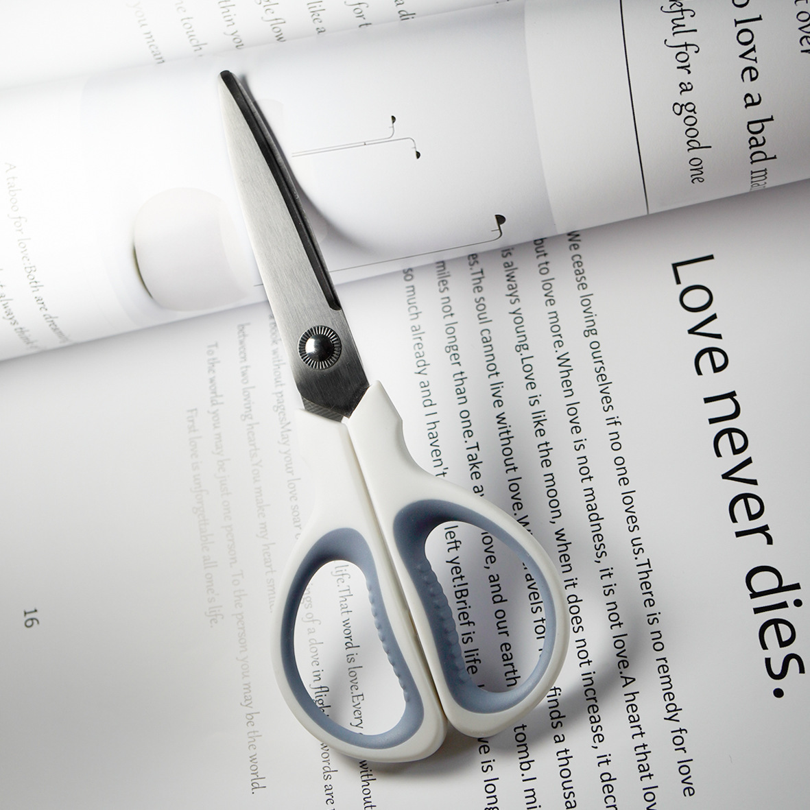 Stainless steel stationery scissors with double-injection molded handles, small household scissors