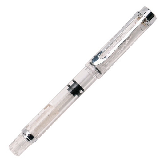Transparent piston, artistically designed, with a pointed tip and made of steel.